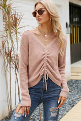 Waffle-Knit Drawstring Detail V-Neck Sweater - SHE BADDY© ONLINE WOMEN FASHION & CLOTHING STORE