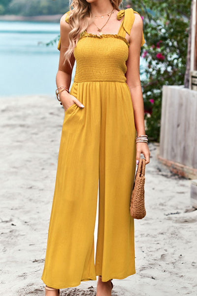 Frill Trim Tie Shoulder Wide Leg Jumpsuit with Pockets - SHE BADDY© ONLINE WOMEN FASHION & CLOTHING STORE