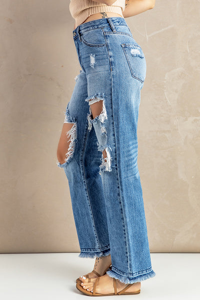 Frayed Hem Distressed Jeans with Pockets - SHE BADDY© ONLINE WOMEN FASHION & CLOTHING STORE