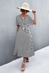 Striped Tie Belt Midi Dress - SHE BADDY© ONLINE WOMEN FASHION & CLOTHING STORE