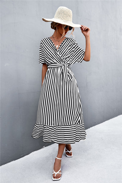 Striped Tie Belt Midi Dress - SHE BADDY© ONLINE WOMEN FASHION & CLOTHING STORE