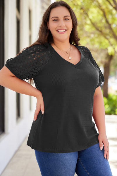 Plus Size Spliced Lace V-Neck Top - SHE BADDY© ONLINE WOMEN FASHION & CLOTHING STORE