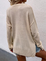 Buttoned Exposed Seam High-Low Sweater - SHE BADDY© ONLINE WOMEN FASHION & CLOTHING STORE