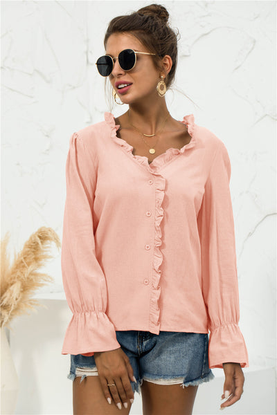 Frill Trim V-Neck Flounce Sleeve Shirt - SHE BADDY© ONLINE WOMEN FASHION & CLOTHING STORE