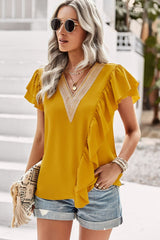 Contrast Ruffle Trim Flutter Sleeve Blouse - SHE BADDY© ONLINE WOMEN FASHION & CLOTHING STORE