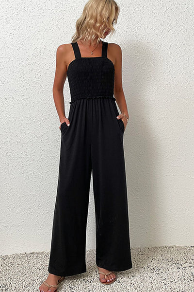 Smocked Sleeveless Wide Leg Jumpsuit with Pockets - SHE BADDY© ONLINE WOMEN FASHION & CLOTHING STORE