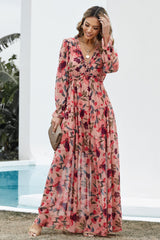Floral Frill Trim Flounce Sleeve Plunge Maxi Dress - SHE BADDY© ONLINE WOMEN FASHION & CLOTHING STORE