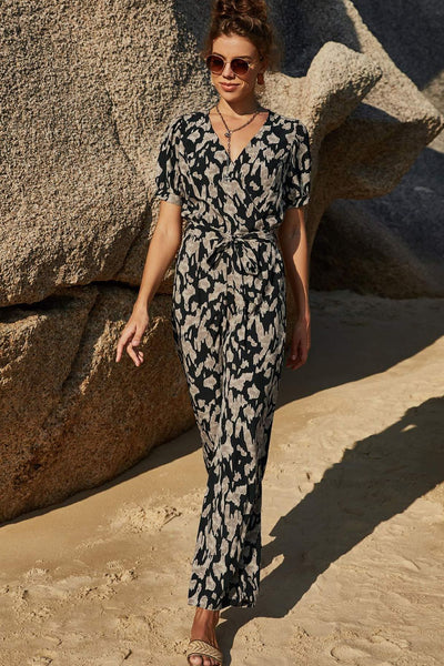 Printed Tie-Waist Surplice Jumpsuit - SHE BADDY© ONLINE WOMEN FASHION & CLOTHING STORE