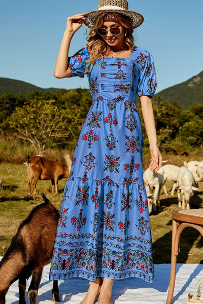 Floral Ruched Puff Sleeve Tiered Maxi Dress - SHE BADDY© ONLINE WOMEN FASHION & CLOTHING STORE