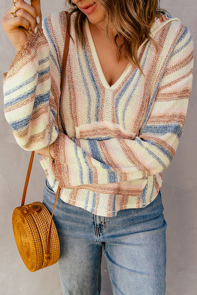 Striped Hooded Sweater with Kangaroo Pocket - SHE BADDY© ONLINE WOMEN FASHION & CLOTHING STORE