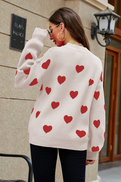Heart Pattern Lantern Sleeve Round Neck Tunic Sweater - SHE BADDY© ONLINE WOMEN FASHION & CLOTHING STORE