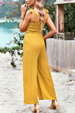 Frill Trim Tie Shoulder Wide Leg Jumpsuit with Pockets - SHE BADDY© ONLINE WOMEN FASHION & CLOTHING STORE