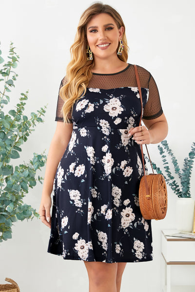 Plus Size Floral Polka Dot Mesh Yoke Dress - SHE BADDY© ONLINE WOMEN FASHION & CLOTHING STORE