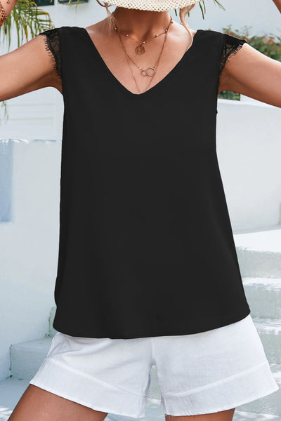 Lace Detail Eyelash Trim V-Neck Tank - SHE BADDY© ONLINE WOMEN FASHION & CLOTHING STORE