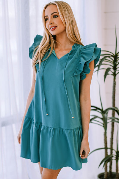 Ruffle Shoulder Tie-Neck Tiered Dress - SHE BADDY© ONLINE WOMEN FASHION & CLOTHING STORE