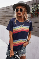 Multicolored Chevron Stripe Round Neck Side Slit T-Shirt - SHE BADDY© ONLINE WOMEN FASHION & CLOTHING STORE