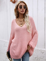 Rib-Knit Drop Shoulder V-Neck Pullover Sweater - SHE BADDY© ONLINE WOMEN FASHION & CLOTHING STORE