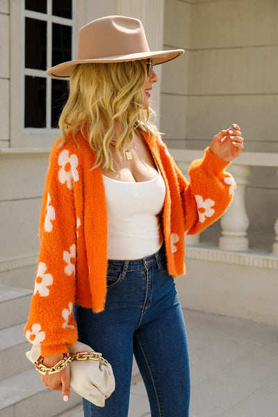 Floral Open Front Fuzzy Cardigan - SHE BADDY© ONLINE WOMEN FASHION & CLOTHING STORE