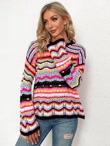 Rainbow Stripe Openwork Flare Sleeve Knit Top - SHE BADDY© ONLINE WOMEN FASHION & CLOTHING STORE