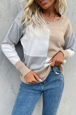 Color Block Ribbed Trim Round Neck Knit Pullover - SHE BADDY© ONLINE WOMEN FASHION & CLOTHING STORE