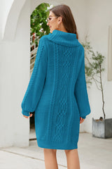 Mixed Knit Turtleneck Lantern Sleeve Sweater Dress - SHE BADDY© ONLINE WOMEN FASHION & CLOTHING STORE