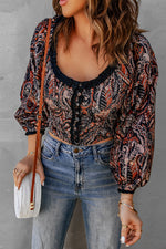 Printed Buttoned Balloon Sleeve Cropped Blouse - SHE BADDY© ONLINE WOMEN FASHION & CLOTHING STORE