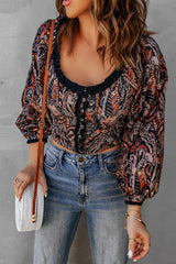 Printed Buttoned Balloon Sleeve Cropped Blouse - SHE BADDY© ONLINE WOMEN FASHION & CLOTHING STORE