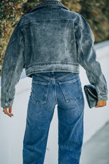 Acid Wash Lapel Collar Cropped Denim Jacket - SHE BADDY© ONLINE WOMEN FASHION & CLOTHING STORE