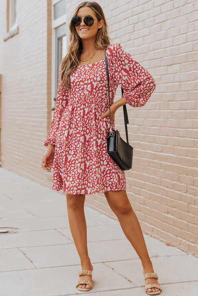 Animal Print Square Neck Balloon Sleeve Dress - SHE BADDY© ONLINE WOMEN FASHION & CLOTHING STORE