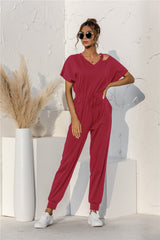 Cut Out V-neck Drawstring Jumpsuit - SHE BADDY© ONLINE WOMEN FASHION & CLOTHING STORE