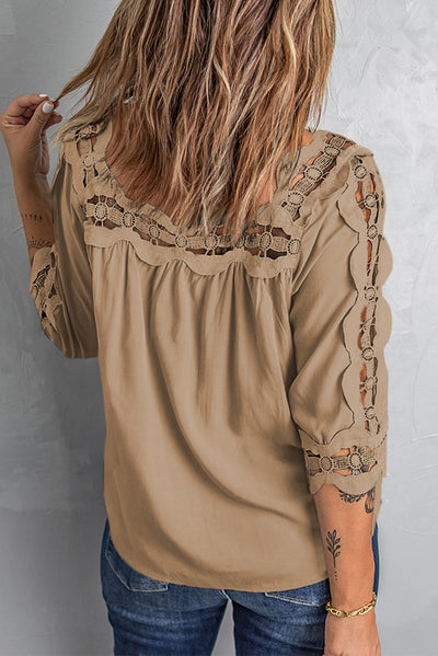 Crochet Openwork Three-Quarter Sleeve Blouse - SHE BADDY© ONLINE WOMEN FASHION & CLOTHING STORE