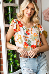 Floral Flutter Sleeve Round Neck Blouse - SHE BADDY© ONLINE WOMEN FASHION & CLOTHING STORE