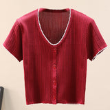 Contrast Decorative Button Short Sleeve Knit Top - SHE BADDY© ONLINE WOMEN FASHION & CLOTHING STORE