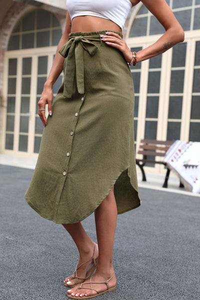 Tie Belt Frill Trim Buttoned Skirt - SHE BADDY© ONLINE WOMEN FASHION & CLOTHING STORE