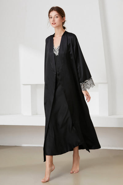 Contrast Lace Trim Satin Night Dress and Robe Set - SHE BADDY© ONLINE WOMEN FASHION & CLOTHING STORE
