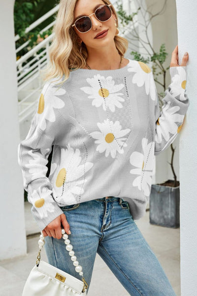 Daisy Print Openwork Round Neck Sweater - SHE BADDY© ONLINE WOMEN FASHION & CLOTHING STORE