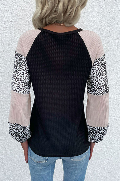 Contrast Leopard Print Waffle Knit Tee - SHE BADDY© ONLINE WOMEN FASHION & CLOTHING STORE