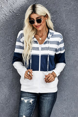 Striped Color Block Drawstring Zip Up Hoodie - SHE BADDY© ONLINE WOMEN FASHION & CLOTHING STORE