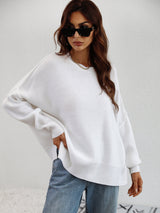 Exposed Seam Dropped Shoulder Slit Sweater - SHE BADDY© ONLINE WOMEN FASHION & CLOTHING STORE