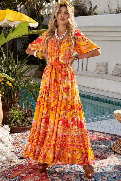 Bohemian Tie-Waist Tiered Maxi Dress - SHE BADDY© ONLINE WOMEN FASHION & CLOTHING STORE