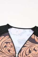 Printed Zip-Collar Short Raglan Sleeve Tee - SHE BADDY© ONLINE WOMEN FASHION & CLOTHING STORE