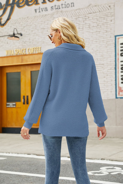 Horizontal Ribbing Johnny Collar Sweater - SHE BADDY© ONLINE WOMEN FASHION & CLOTHING STORE