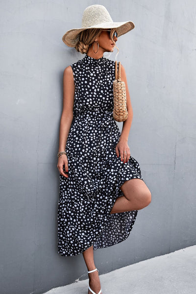 Printed Mock Neck Sleeveless Belted Tiered Dress - SHE BADDY© ONLINE WOMEN FASHION & CLOTHING STORE
