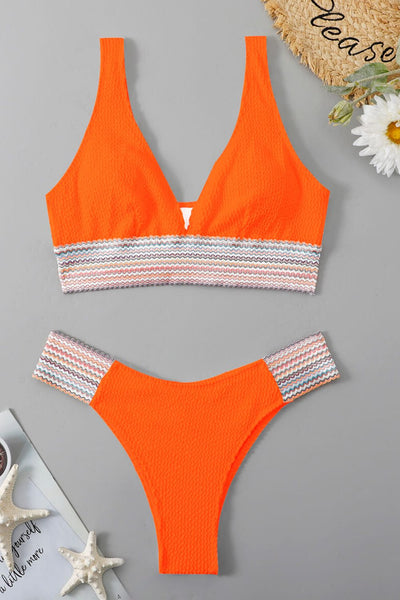 Contrast Textured High Cut Swim Set - SHE BADDY© ONLINE WOMEN FASHION & CLOTHING STORE