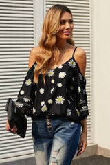 Printed Cold-Shoulder Three-Quarter Flare Sleeve Blouse - SHE BADDY© ONLINE WOMEN FASHION & CLOTHING STORE