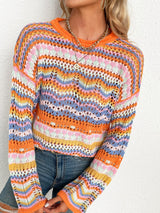 Rainbow Stripe Openwork Flare Sleeve Knit Top - SHE BADDY© ONLINE WOMEN FASHION & CLOTHING STORE