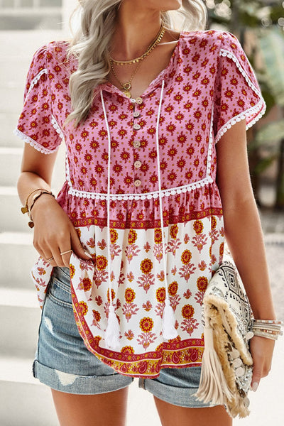 Bohemian Tie Neck Buttoned Blouse - SHE BADDY© ONLINE WOMEN FASHION & CLOTHING STORE