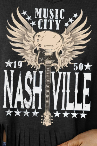 MUSIC CITY 1950 NASHVILLE Graphic Fringe Hem Tee - SHE BADDY© ONLINE WOMEN FASHION & CLOTHING STORE