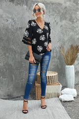 Botanical Print V-Neck Puff Sleeve Blouse - SHE BADDY© ONLINE WOMEN FASHION & CLOTHING STORE