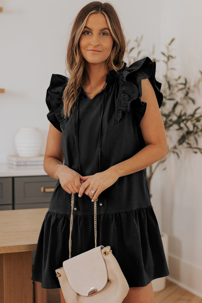 Ruffle Shoulder Tie-Neck Tiered Dress - SHE BADDY© ONLINE WOMEN FASHION & CLOTHING STORE